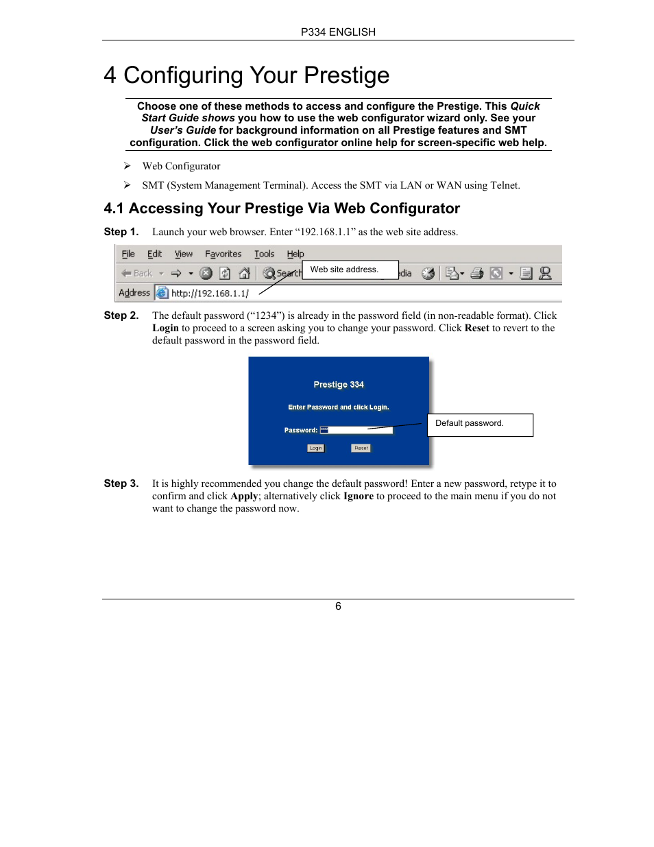 4 configuring your prestige, 1 accessing your prestige via web configurator | ZyXEL Communications PRESTIGE 334 User Manual | Page 7 / 63