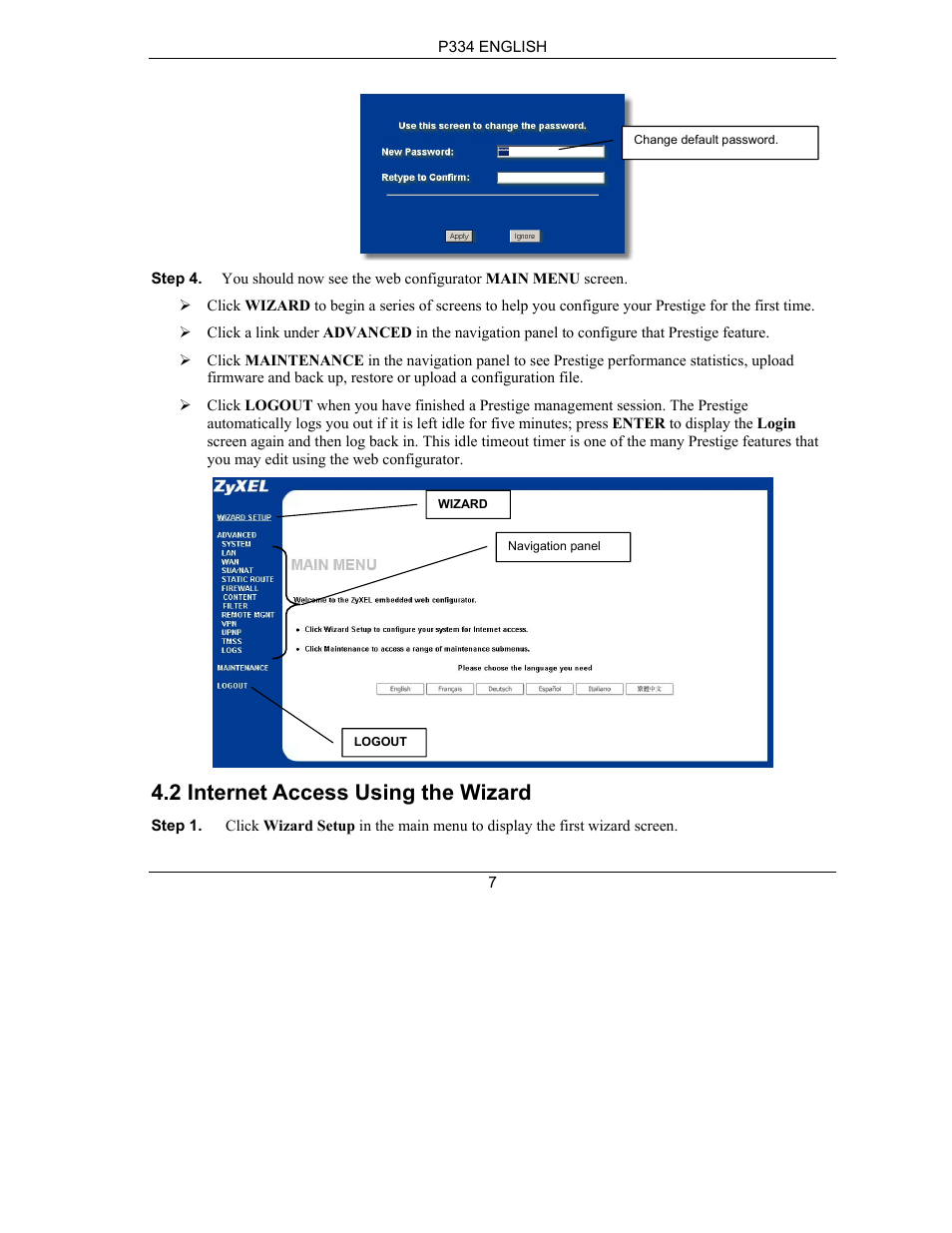 2 internet access using the wizard | ZyXEL Communications PRESTIGE 334 User Manual | Page 8 / 63
