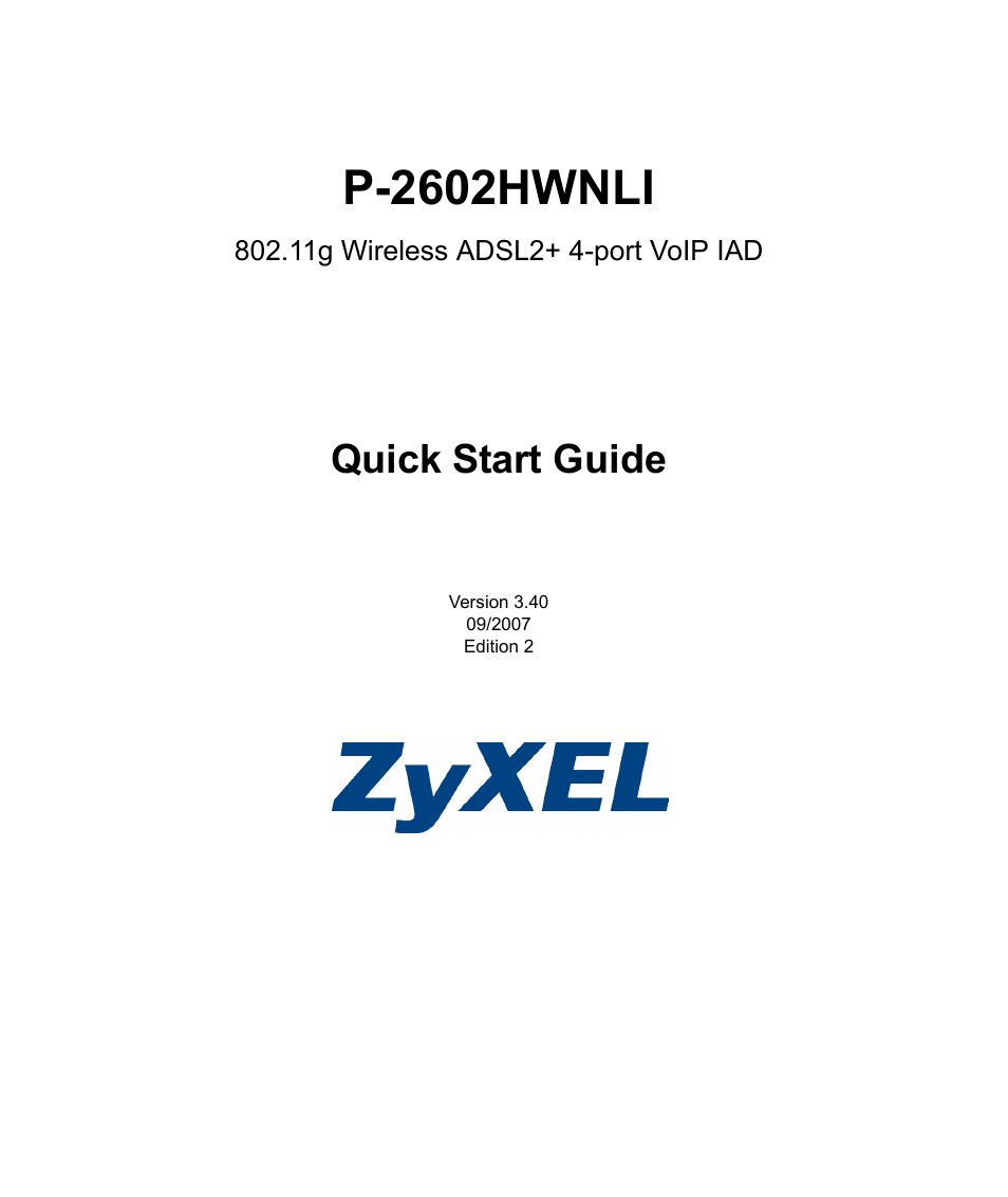 ZyXEL Communications P-2602HWNLI User Manual | 8 pages