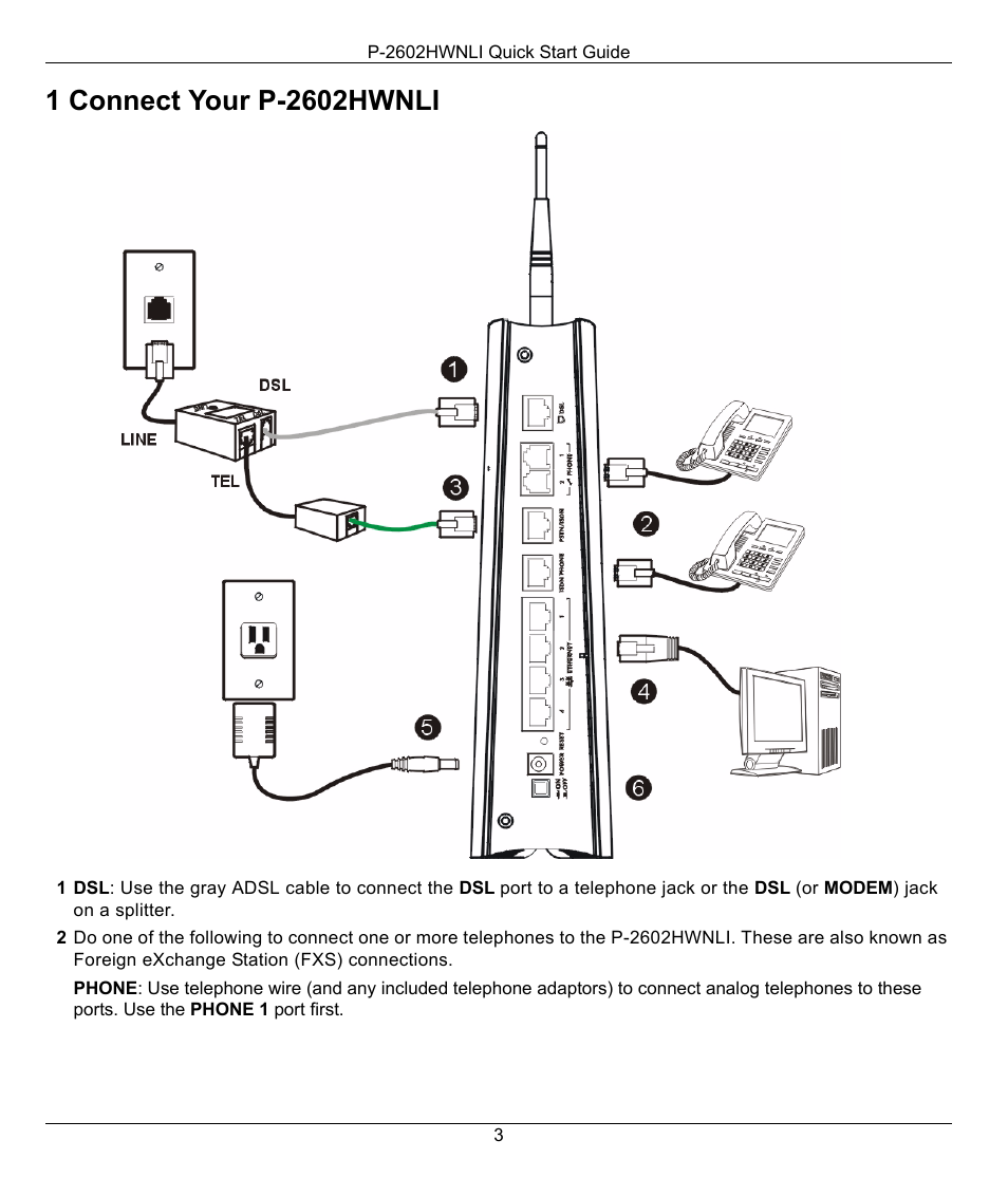 1 connect your p-2602hwnli | ZyXEL Communications P-2602HWNLI User Manual | Page 3 / 8