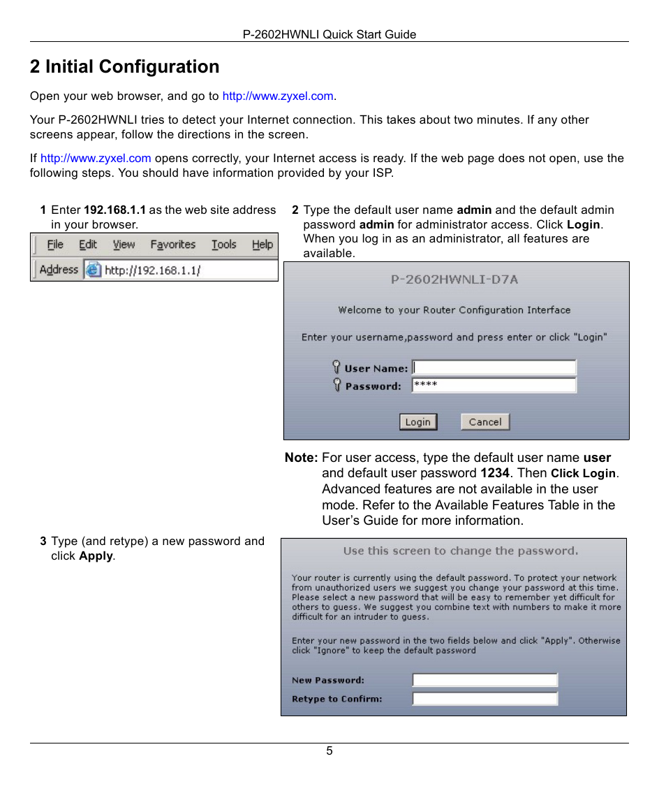 2 initial configuration | ZyXEL Communications P-2602HWNLI User Manual | Page 5 / 8