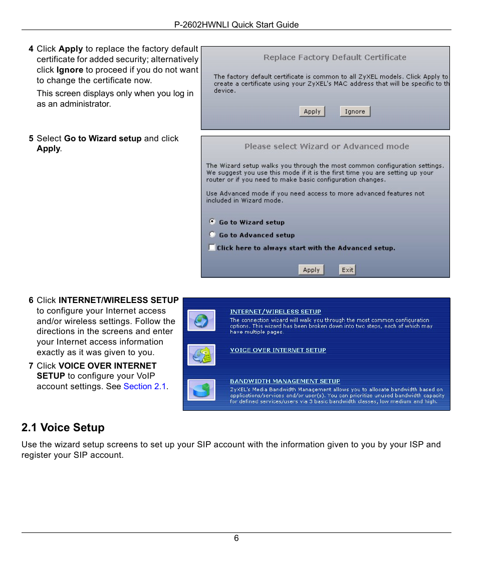 1 voice setup | ZyXEL Communications P-2602HWNLI User Manual | Page 6 / 8