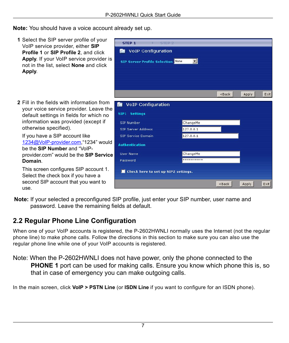 2 regular phone line configuration | ZyXEL Communications P-2602HWNLI User Manual | Page 7 / 8