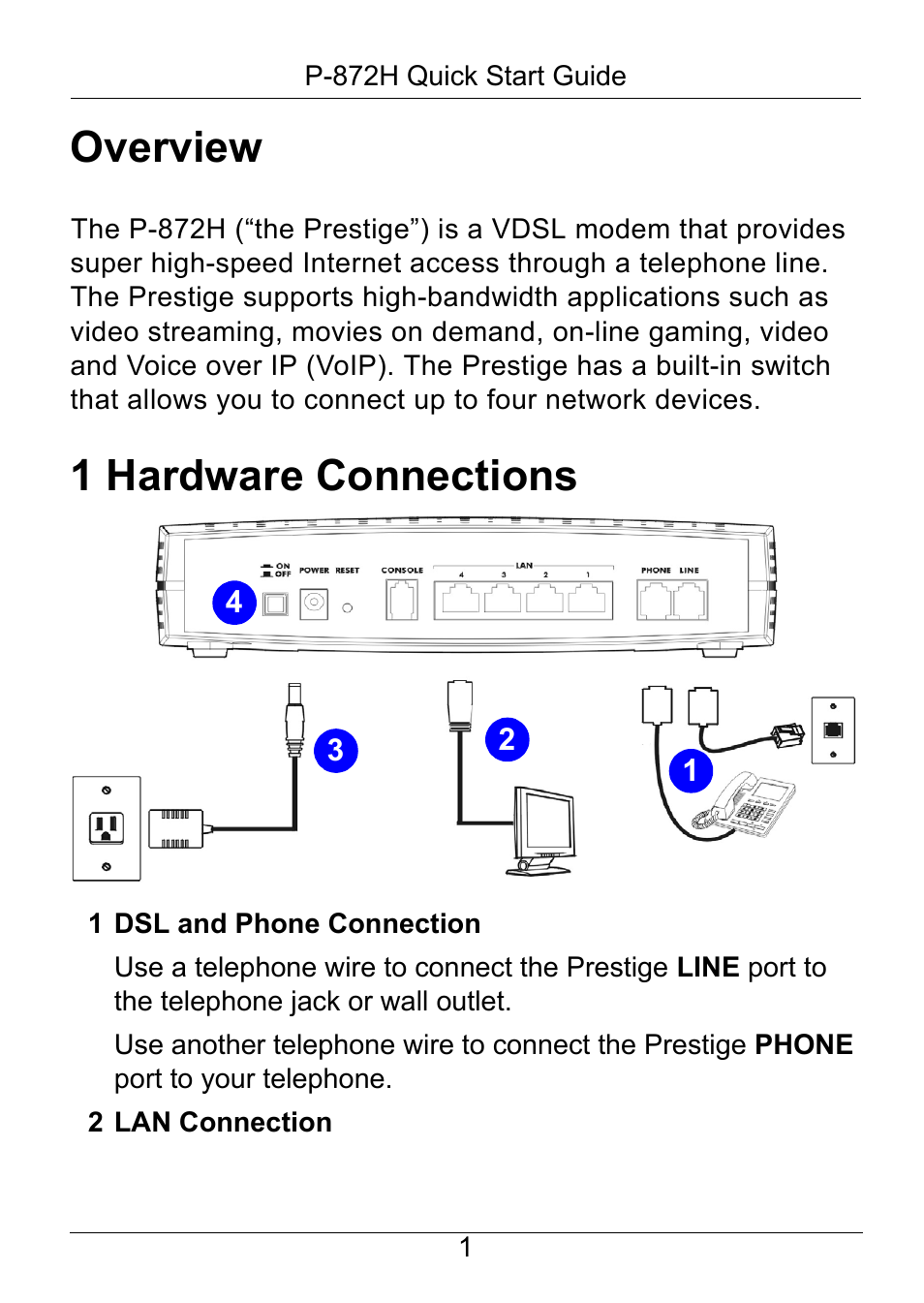 Overview, 1 hardware connections | ZyXEL Communications ZyXEL P-872H User Manual | Page 2 / 8