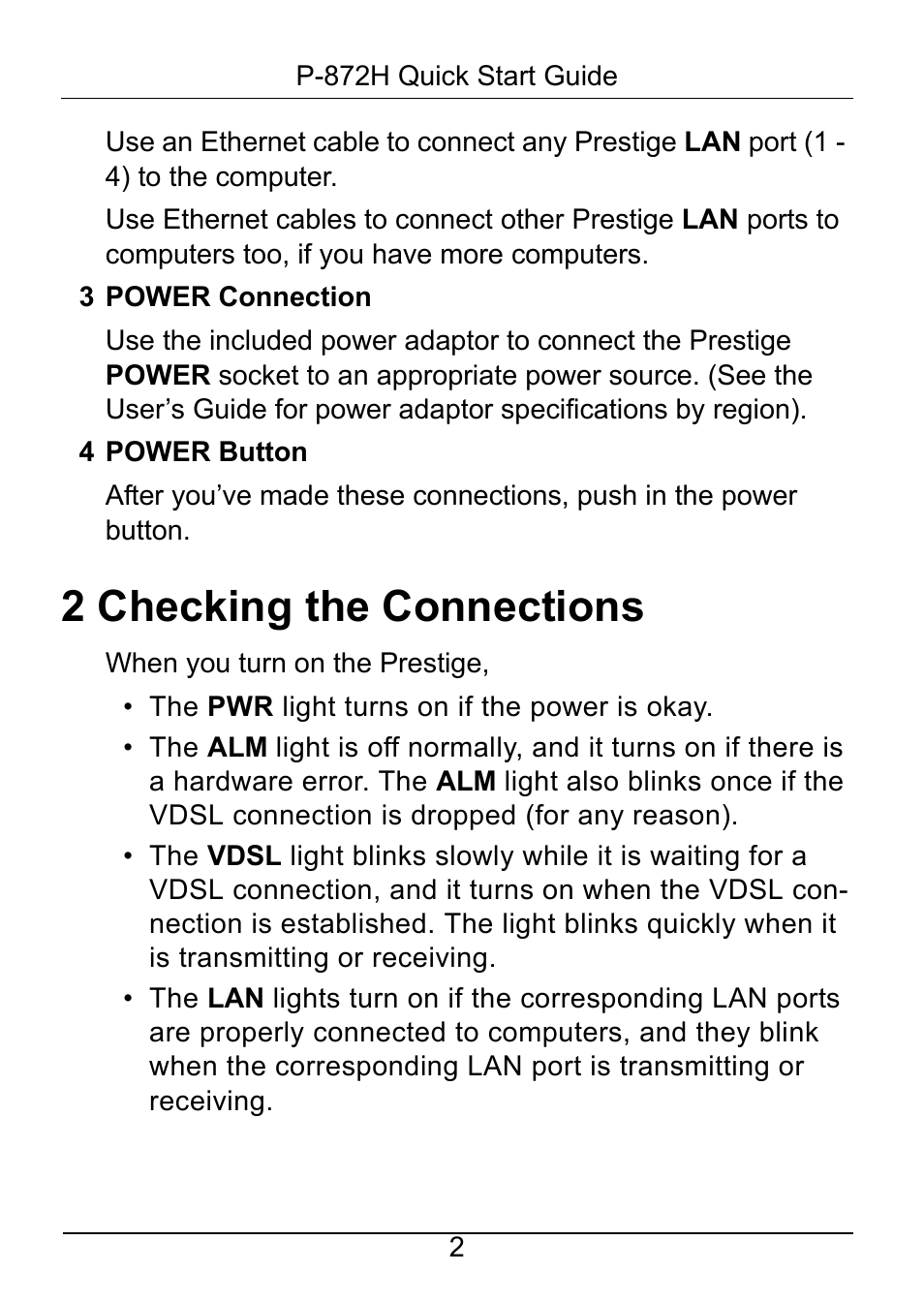 2 checking the connections | ZyXEL Communications ZyXEL P-872H User Manual | Page 3 / 8