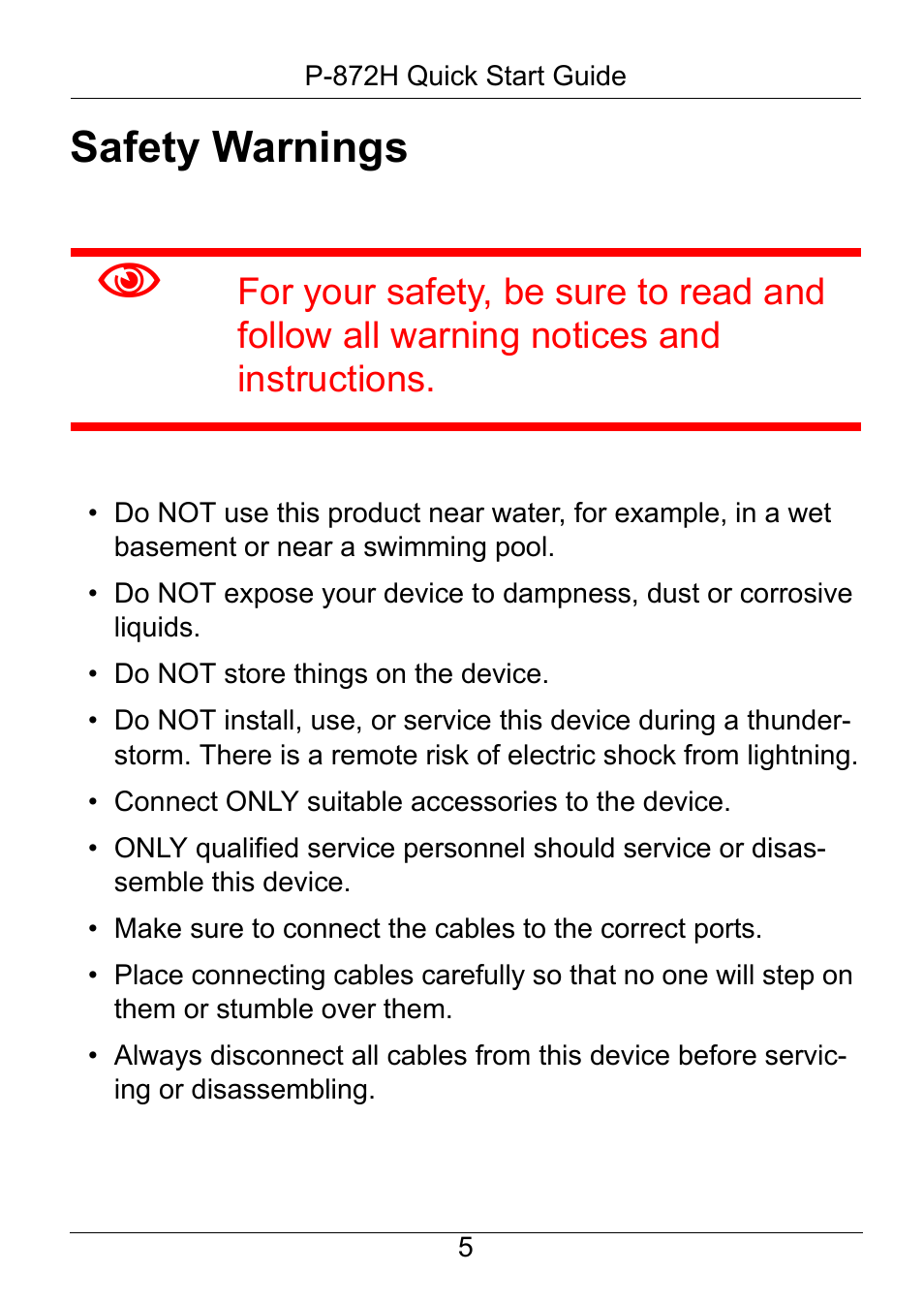 Safety warnings | ZyXEL Communications ZyXEL P-872H User Manual | Page 6 / 8