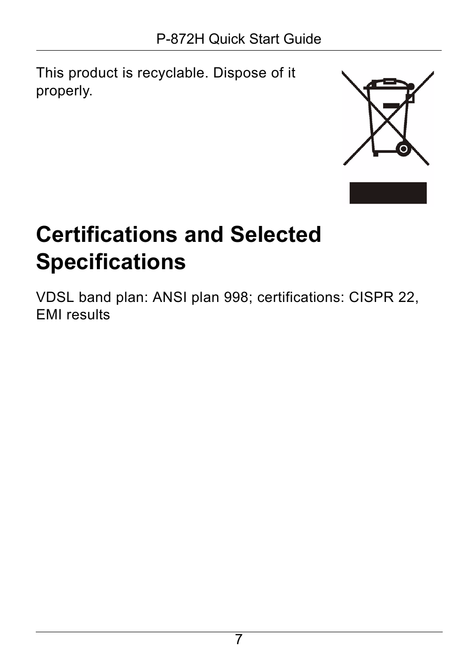 Certifications and selected specifications | ZyXEL Communications ZyXEL P-872H User Manual | Page 8 / 8
