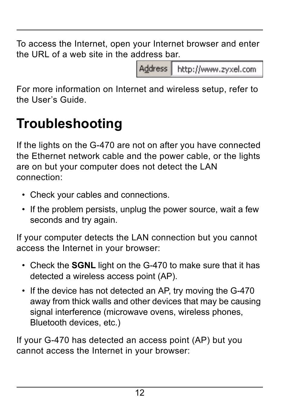 Troubleshooting | ZyXEL Communications 802.11g Wireless Ethernet Adapter 1-G-470 User Manual | Page 12 / 14