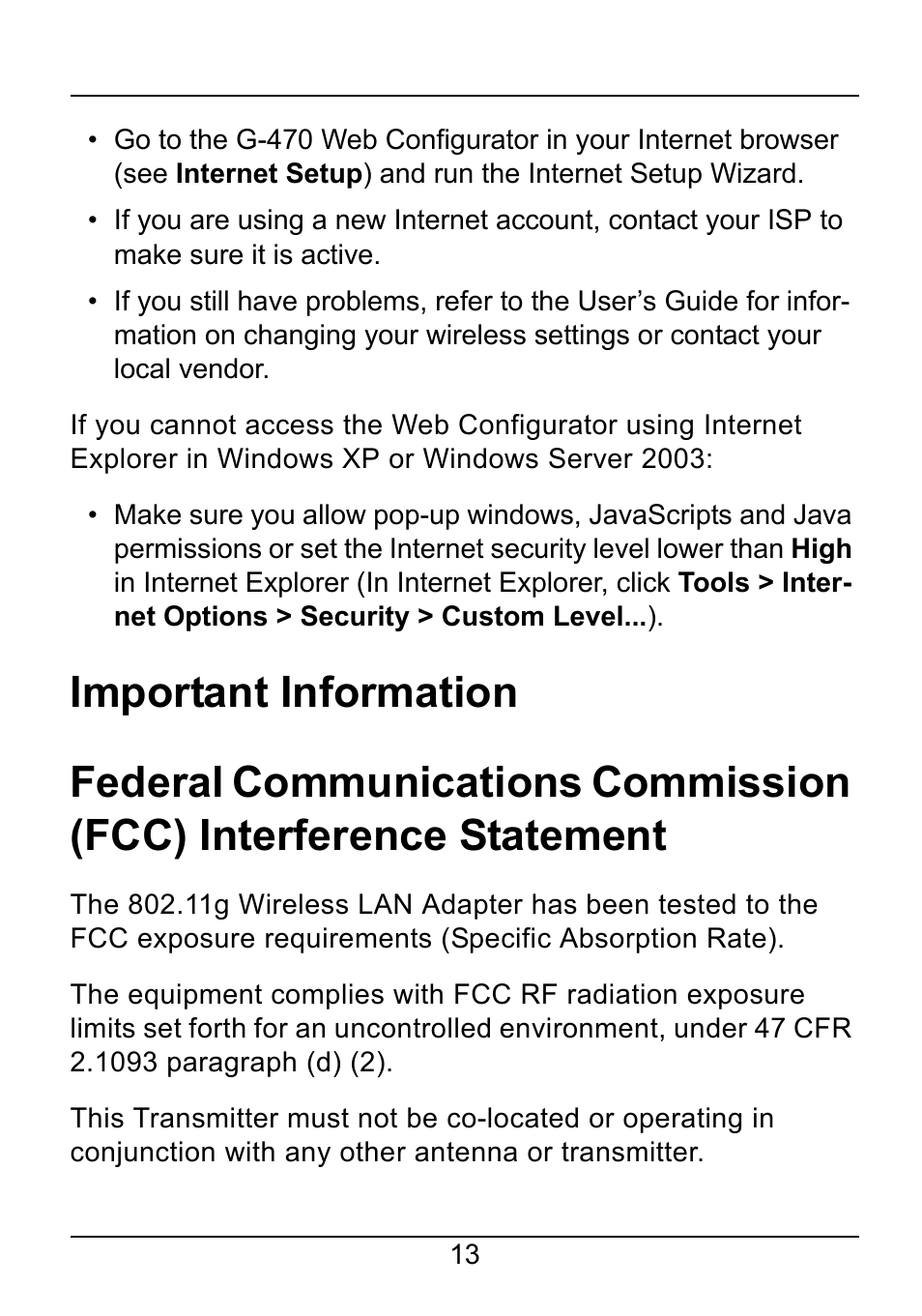 Important information | ZyXEL Communications 802.11g Wireless Ethernet Adapter 1-G-470 User Manual | Page 13 / 14