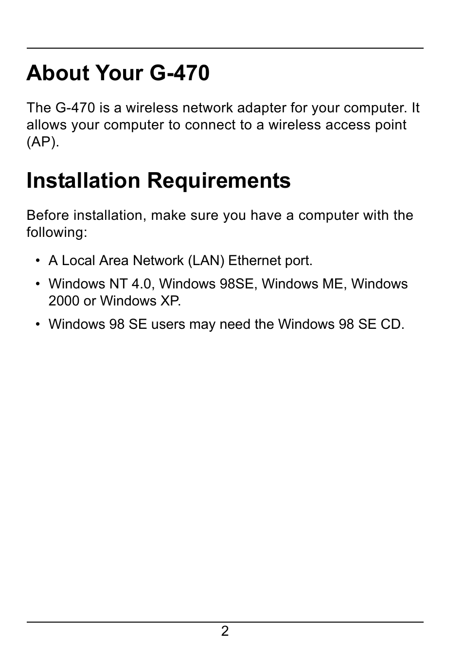 About your g-470, Installation requirements | ZyXEL Communications 802.11g Wireless Ethernet Adapter 1-G-470 User Manual | Page 2 / 14