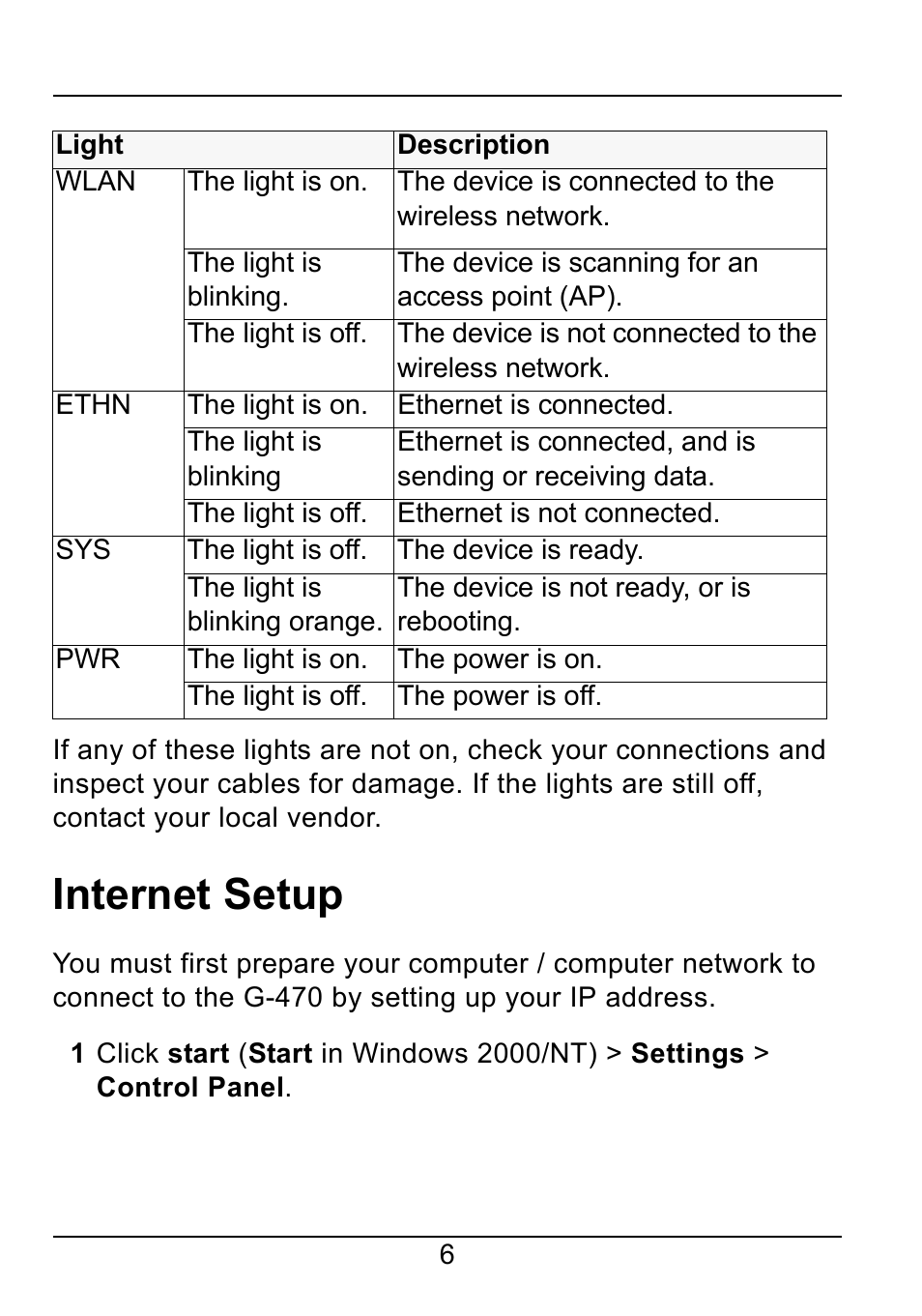 Internet setup | ZyXEL Communications 802.11g Wireless Ethernet Adapter 1-G-470 User Manual | Page 6 / 14