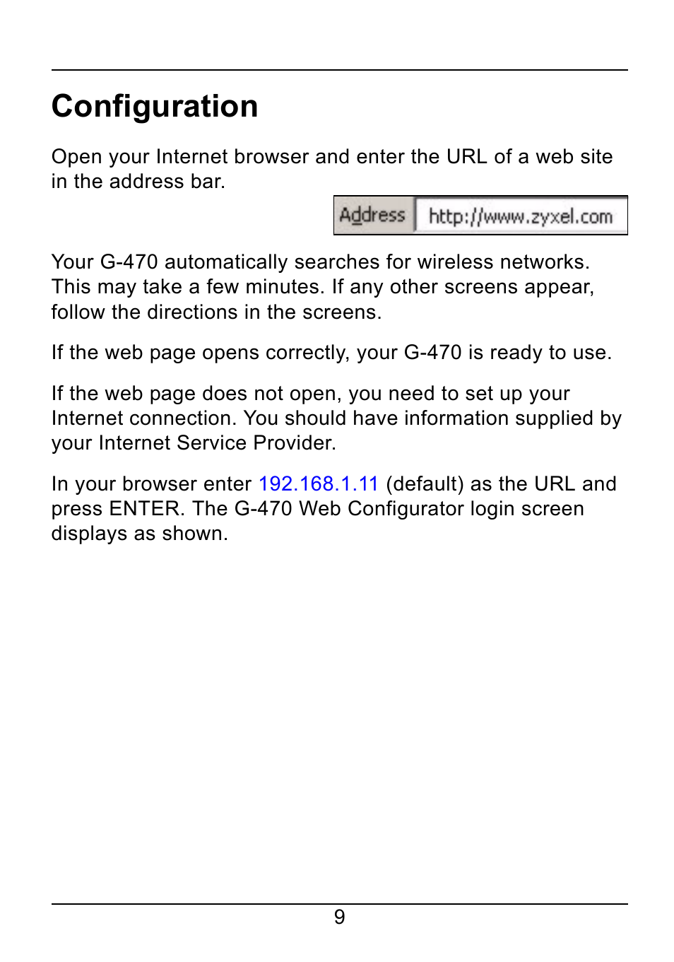 Configuration | ZyXEL Communications 802.11g Wireless Ethernet Adapter 1-G-470 User Manual | Page 9 / 14