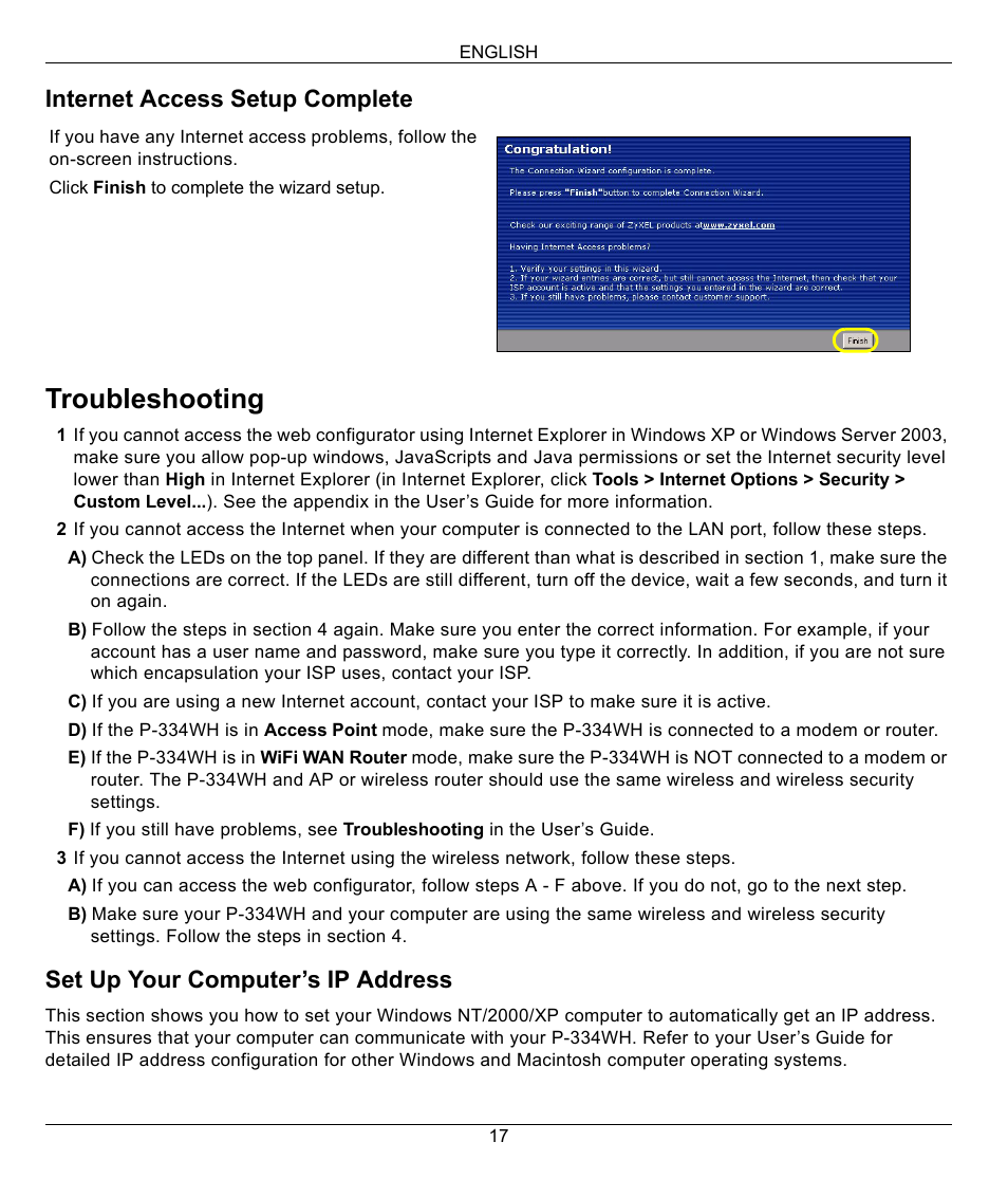 Troubleshooting, Internet access setup complete, Set up your computer’s ip address | ZyXEL Communications 802.11g High Power Wireless Router P-334WH User Manual | Page 17 / 114