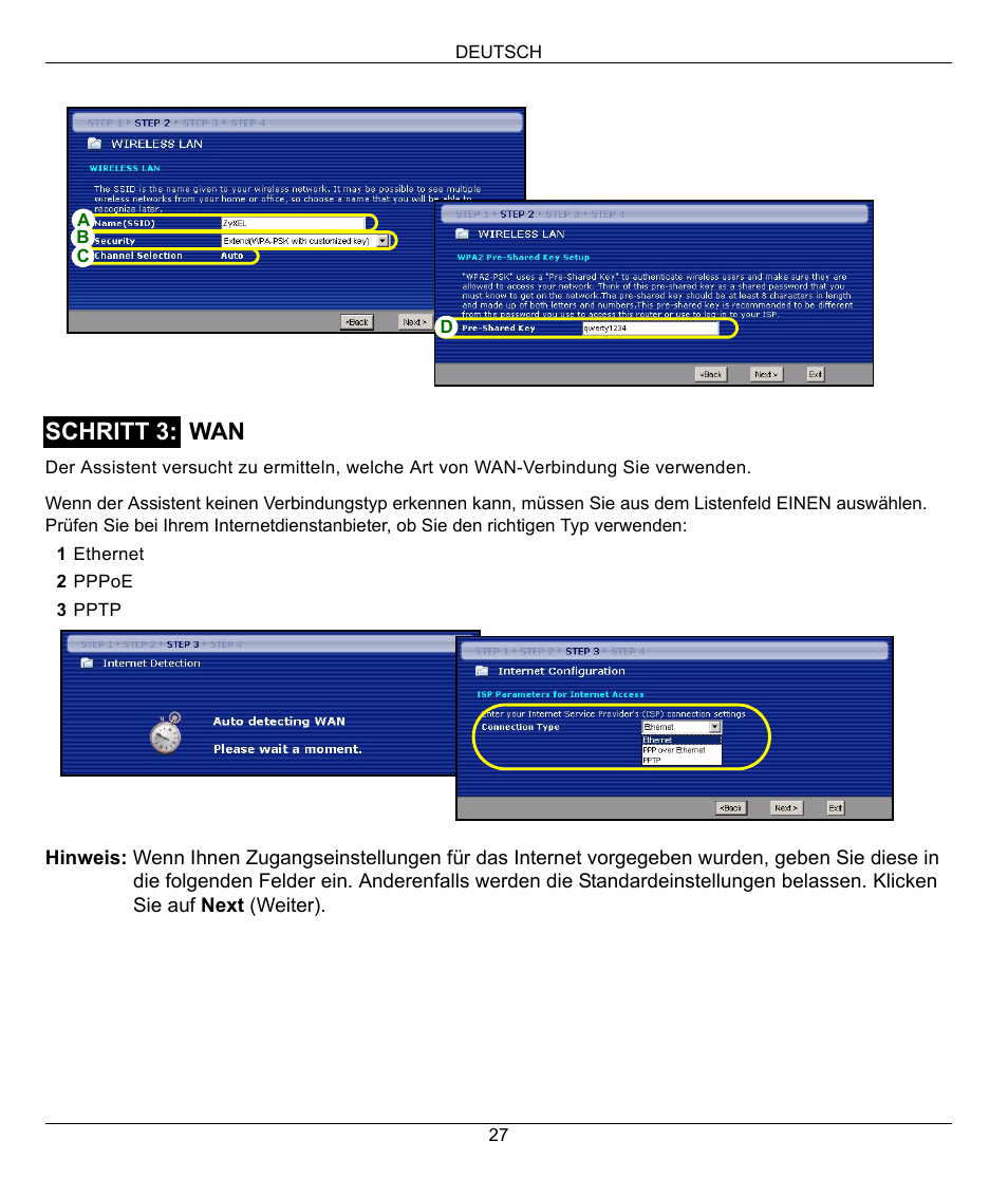 Schritt 3: wan | ZyXEL Communications 802.11g High Power Wireless Router P-334WH User Manual | Page 27 / 114