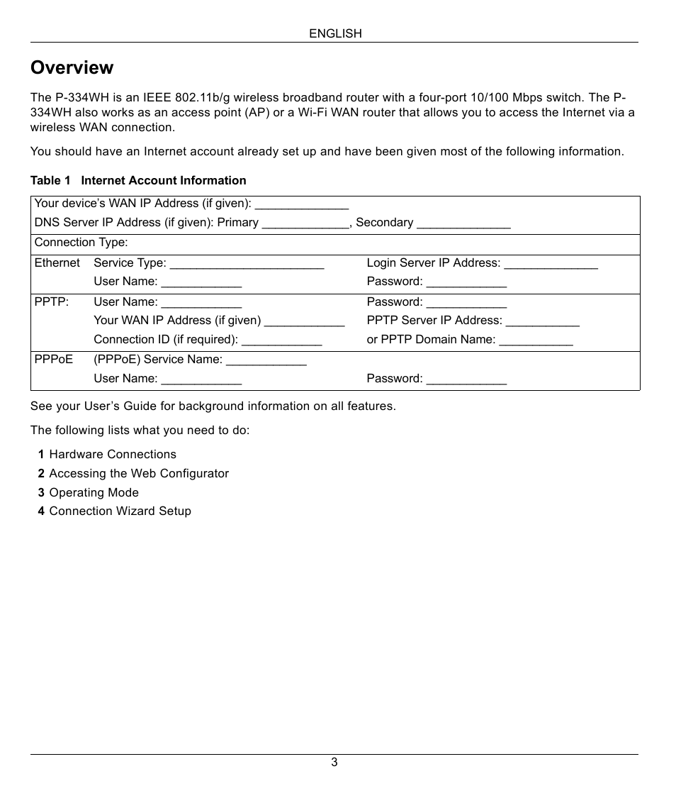 English, Overview | ZyXEL Communications 802.11g High Power Wireless Router P-334WH User Manual | Page 3 / 114