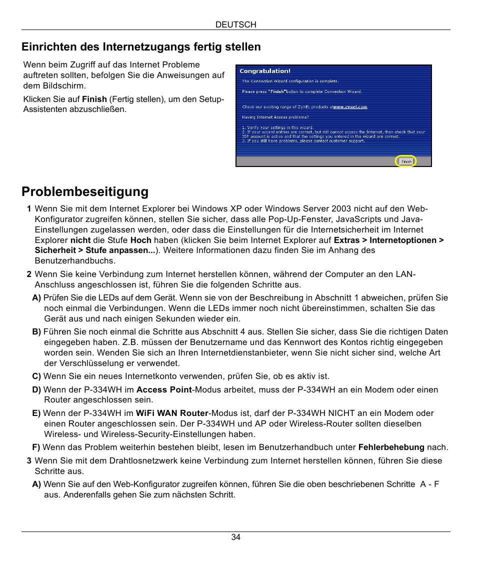 Problembeseitigung, Einrichten des internetzugangs fertig stellen | ZyXEL Communications 802.11g High Power Wireless Router P-334WH User Manual | Page 34 / 114
