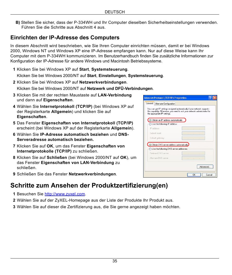Schritte zum ansehen der produktzertifizierung(en), Einrichten der ip-adresse des computers | ZyXEL Communications 802.11g High Power Wireless Router P-334WH User Manual | Page 35 / 114