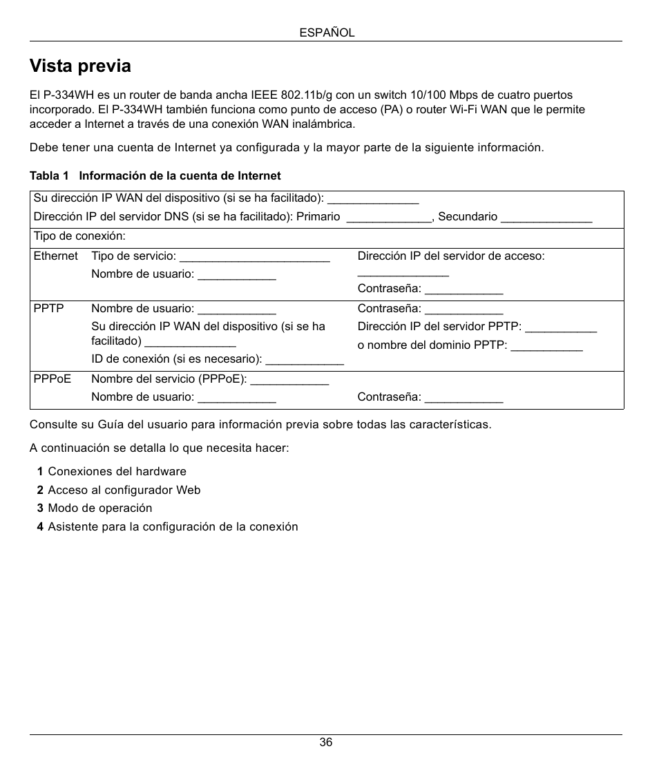 Español, Vista previa | ZyXEL Communications 802.11g High Power Wireless Router P-334WH User Manual | Page 36 / 114