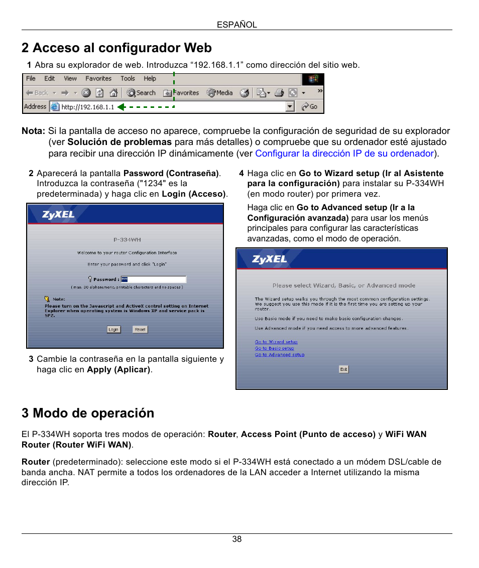 2 acceso al configurador web, 3 modo de operación | ZyXEL Communications 802.11g High Power Wireless Router P-334WH User Manual | Page 38 / 114