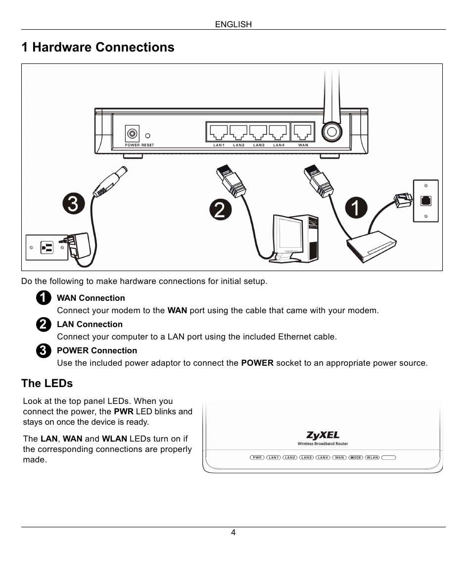 1 hardware connections | ZyXEL Communications 802.11g High Power Wireless Router P-334WH User Manual | Page 4 / 114