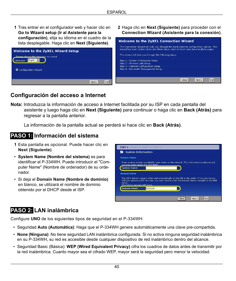 Configuración del acceso a internet | ZyXEL Communications 802.11g High Power Wireless Router P-334WH User Manual | Page 40 / 114