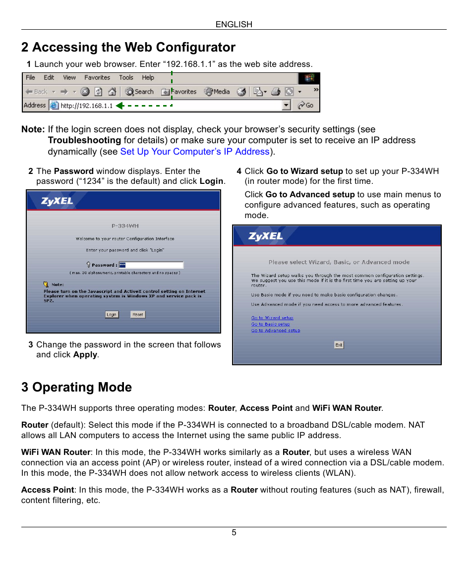 2 accessing the web configurator, 3 operating mode | ZyXEL Communications 802.11g High Power Wireless Router P-334WH User Manual | Page 5 / 114