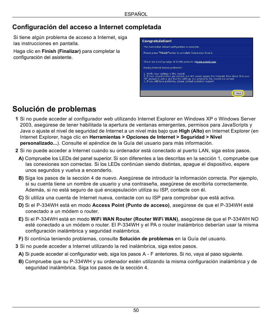 Solución de problemas, Configuración del acceso a internet completada | ZyXEL Communications 802.11g High Power Wireless Router P-334WH User Manual | Page 50 / 114