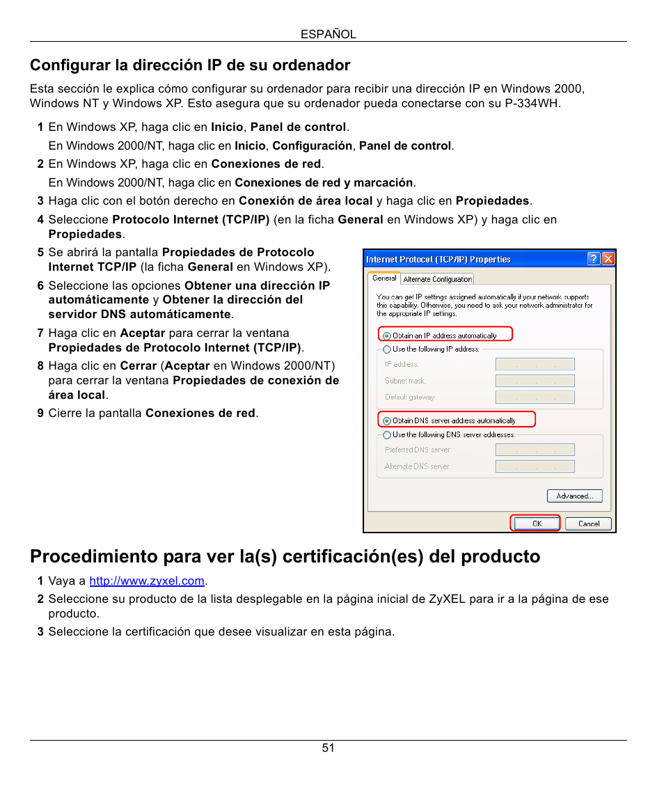 Configurar la dirección ip de su ordenador | ZyXEL Communications 802.11g High Power Wireless Router P-334WH User Manual | Page 51 / 114
