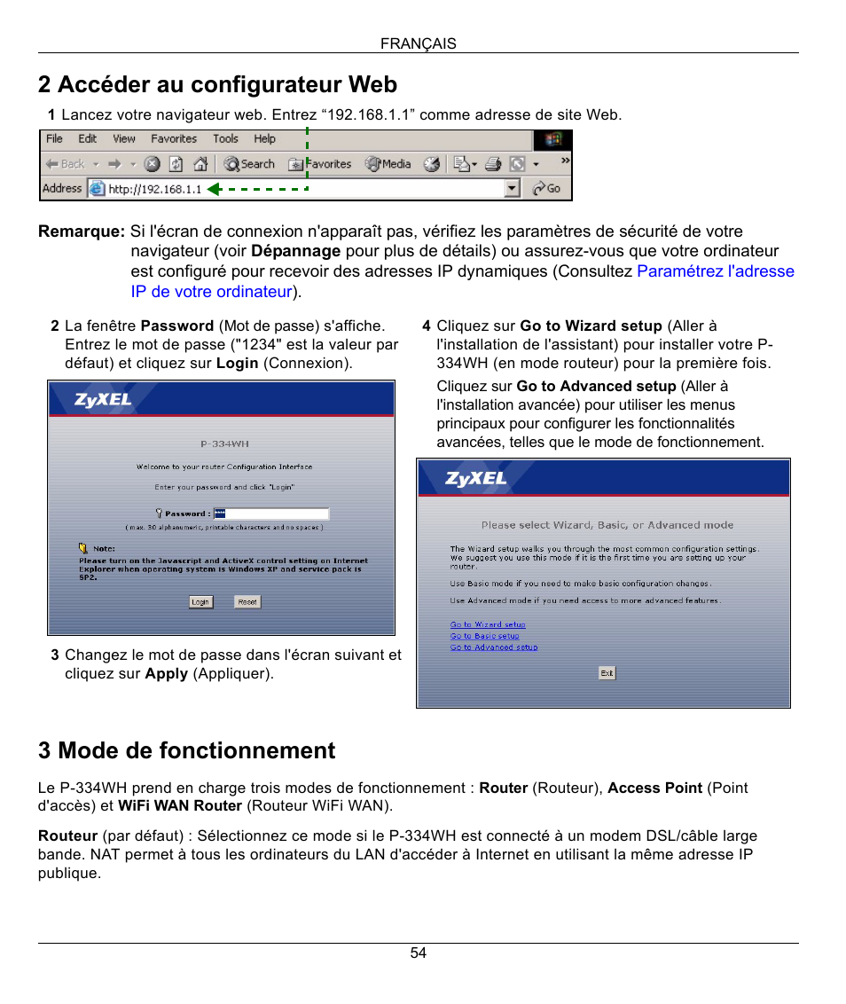 2 accéder au configurateur web, 3 mode de fonctionnement | ZyXEL Communications 802.11g High Power Wireless Router P-334WH User Manual | Page 54 / 114
