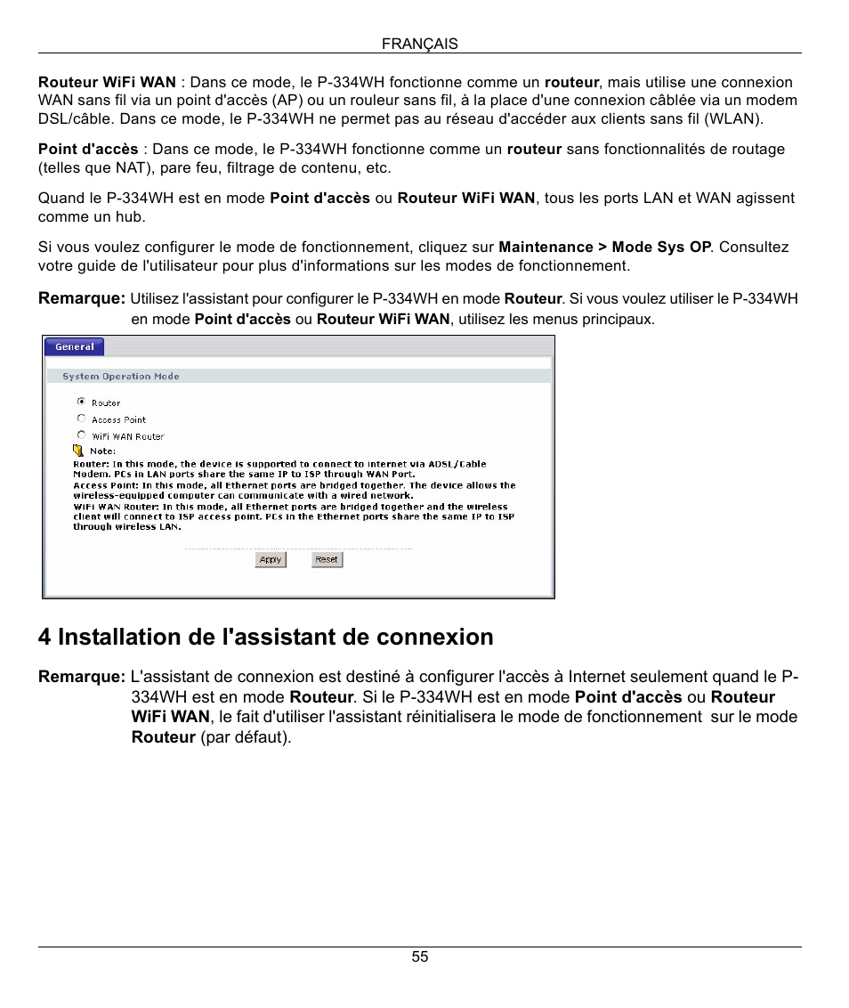 4 installation de l'assistant de connexion | ZyXEL Communications 802.11g High Power Wireless Router P-334WH User Manual | Page 55 / 114