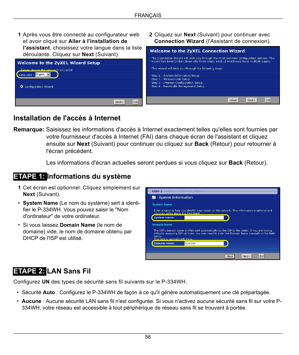 Installation de l'accès à internet | ZyXEL Communications 802.11g High Power Wireless Router P-334WH User Manual | Page 56 / 114