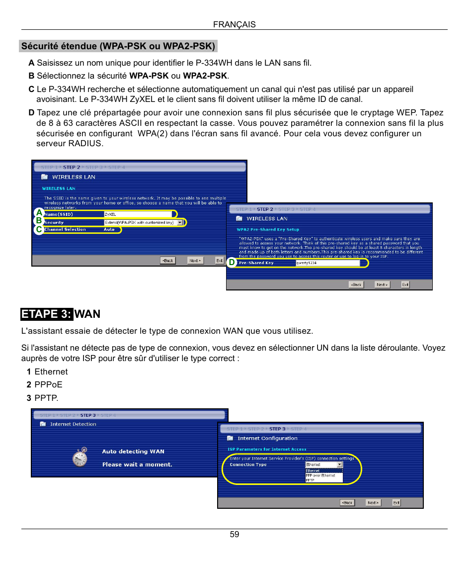 Etape 3: wan | ZyXEL Communications 802.11g High Power Wireless Router P-334WH User Manual | Page 59 / 114