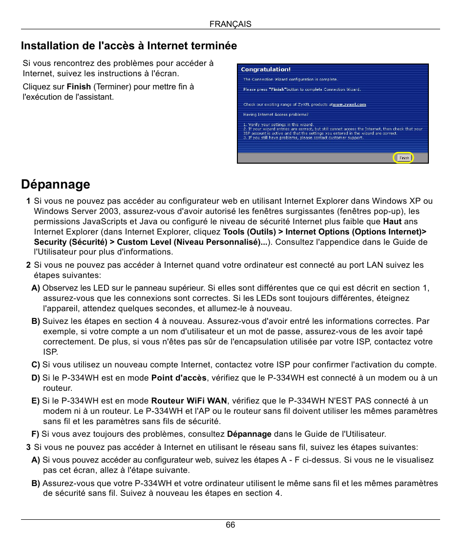Dépannage, Installation de l'accès à internet terminée | ZyXEL Communications 802.11g High Power Wireless Router P-334WH User Manual | Page 66 / 114
