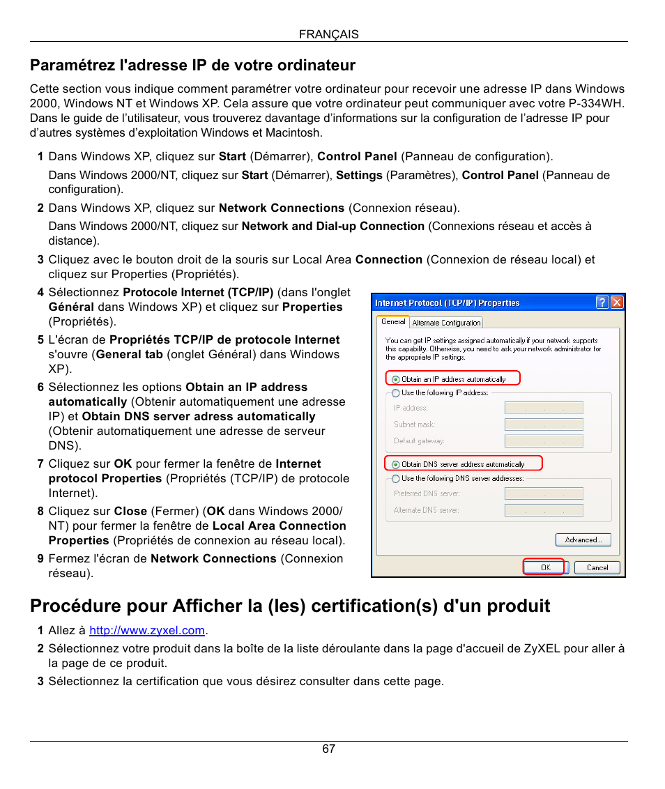 Paramétrez l'adresse ip de votre ordinateur | ZyXEL Communications 802.11g High Power Wireless Router P-334WH User Manual | Page 67 / 114