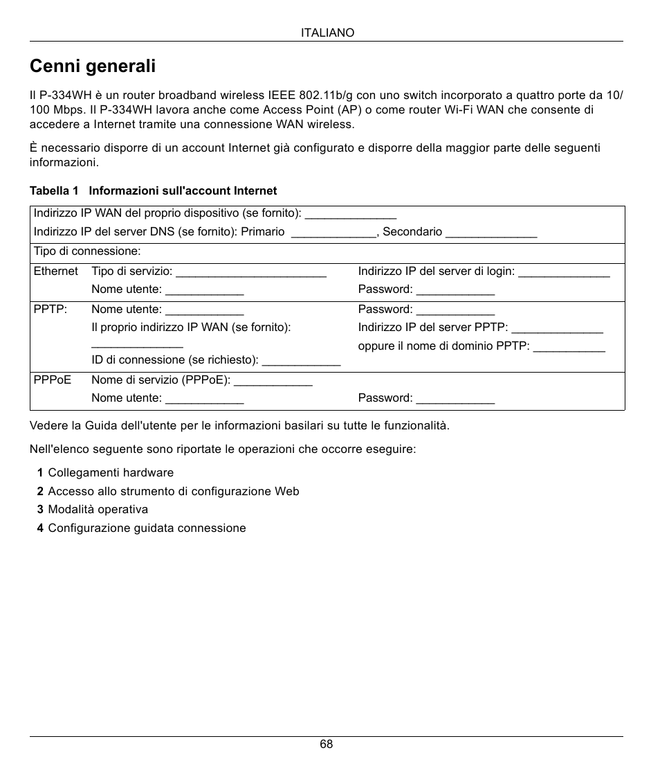 Italiano, Cenni generali | ZyXEL Communications 802.11g High Power Wireless Router P-334WH User Manual | Page 68 / 114