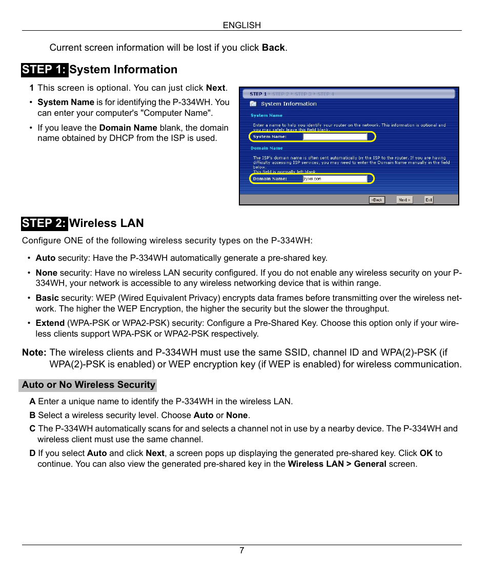 Step 1: system information step 2: wireless lan | ZyXEL Communications 802.11g High Power Wireless Router P-334WH User Manual | Page 7 / 114