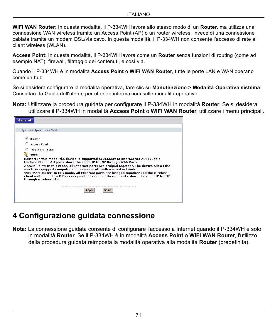 4 configurazione guidata connessione | ZyXEL Communications 802.11g High Power Wireless Router P-334WH User Manual | Page 71 / 114