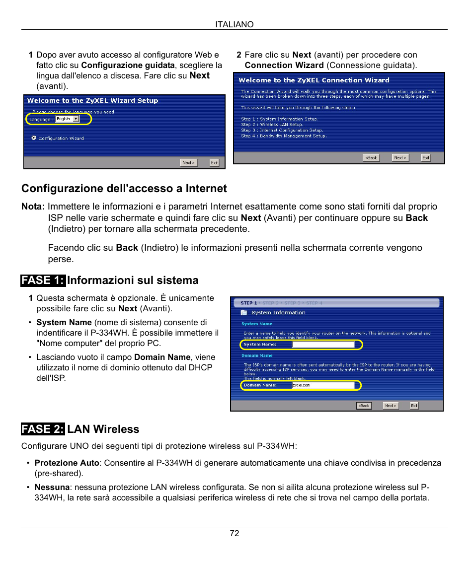 Configurazione dell'accesso a internet | ZyXEL Communications 802.11g High Power Wireless Router P-334WH User Manual | Page 72 / 114