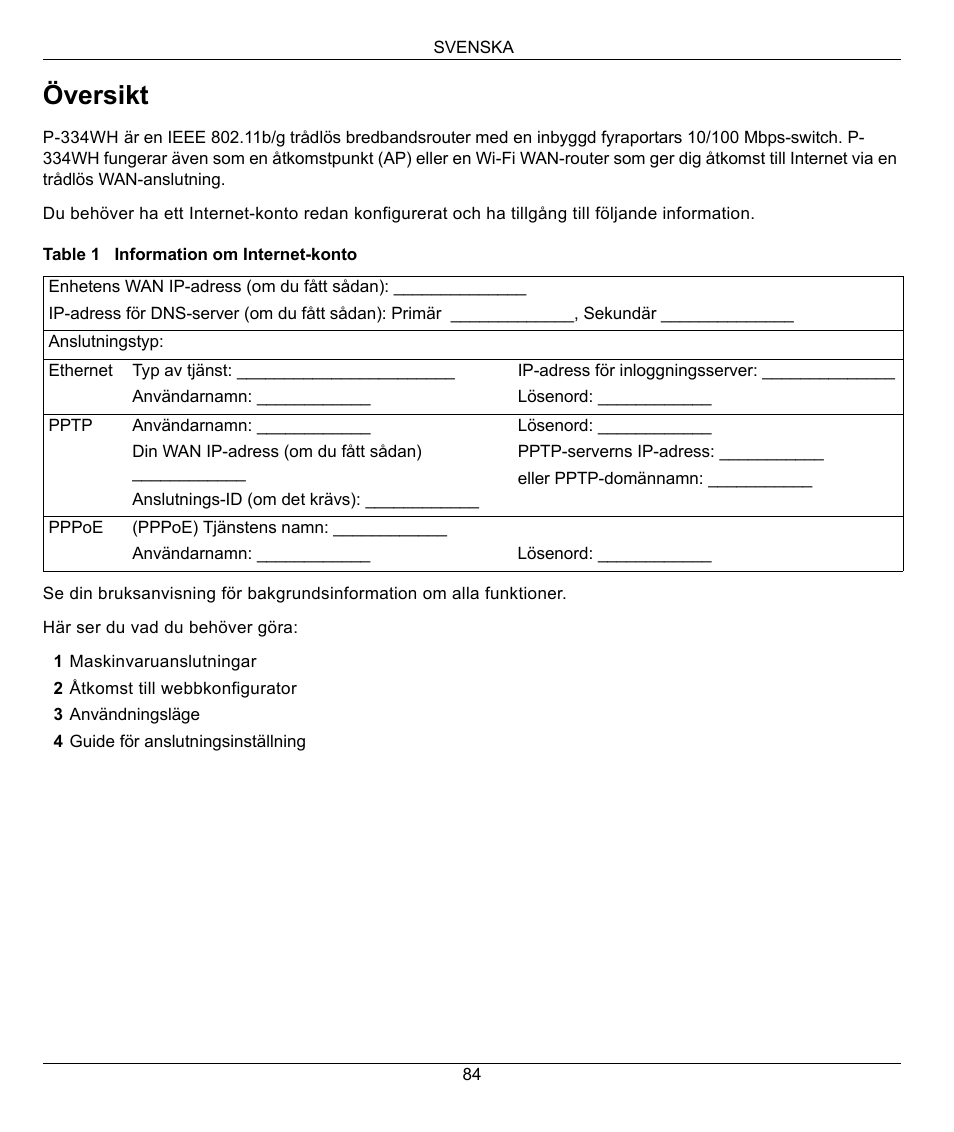 Svenska, Översikt | ZyXEL Communications 802.11g High Power Wireless Router P-334WH User Manual | Page 84 / 114