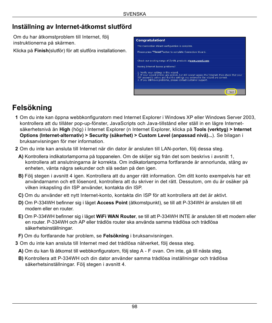 Felsökning, Inställning av internet-åtkomst slutförd | ZyXEL Communications 802.11g High Power Wireless Router P-334WH User Manual | Page 98 / 114