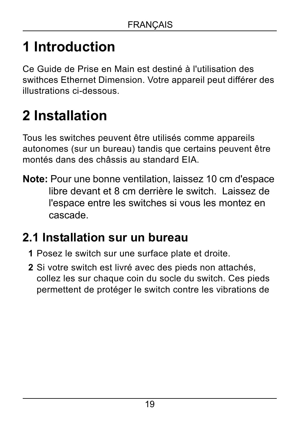 Français, 1 introduction, 2 installation | 1 installation sur un bureau | ZyXEL Communications ZyXEL Dimension ES-2108-F User Manual | Page 21 / 43