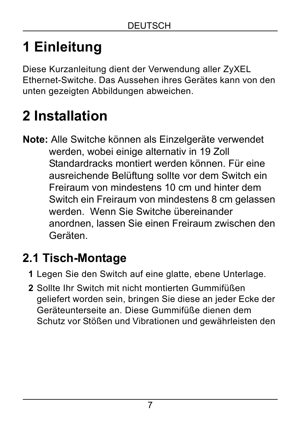 Deutsch, 1 einleitung, 2 installation | 1 tisch-montage | ZyXEL Communications ZyXEL Dimension ES-2108-F User Manual | Page 9 / 43