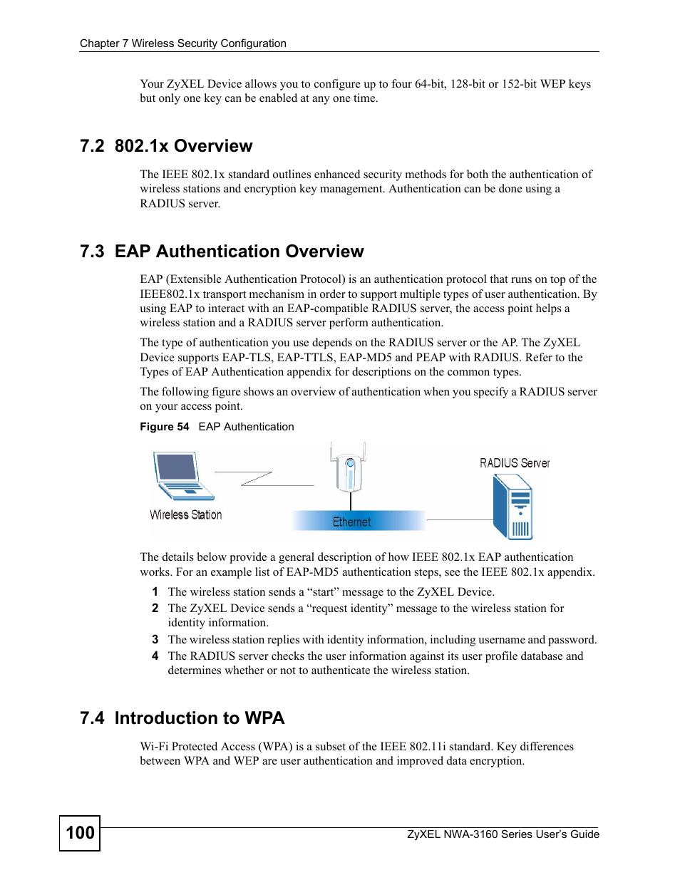 2 802.1x overview, 3 eap authentication overview, 4 introduction to wpa | 2 802.1x overview 7.3 eap authentication overview, Figure 54 eap authentication | ZyXEL Communications NWA-3160 Series User Manual | Page 100 / 320