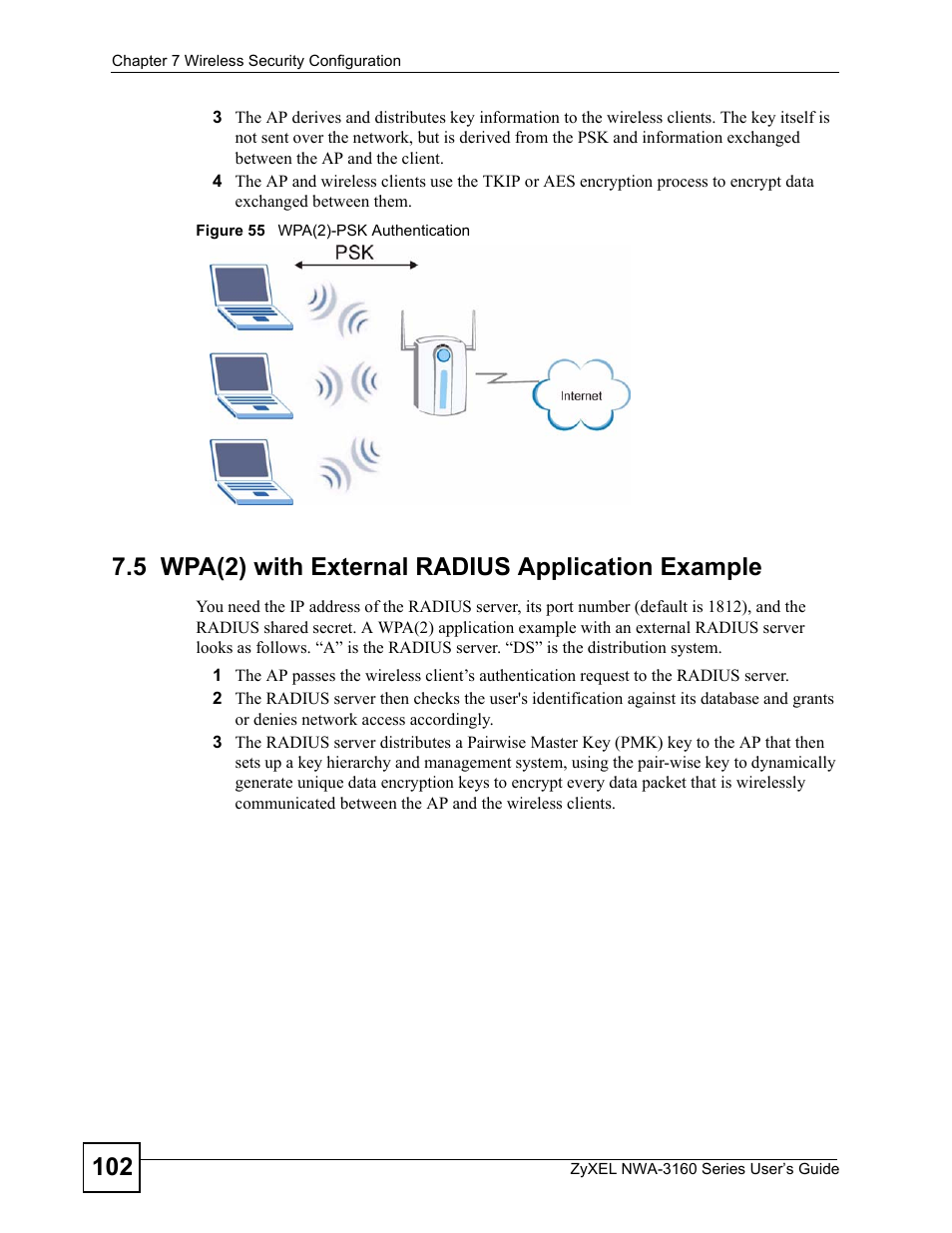 5 wpa(2) with external radius application example, Figure 55 wpa(2)-psk authentication | ZyXEL Communications NWA-3160 Series User Manual | Page 102 / 320