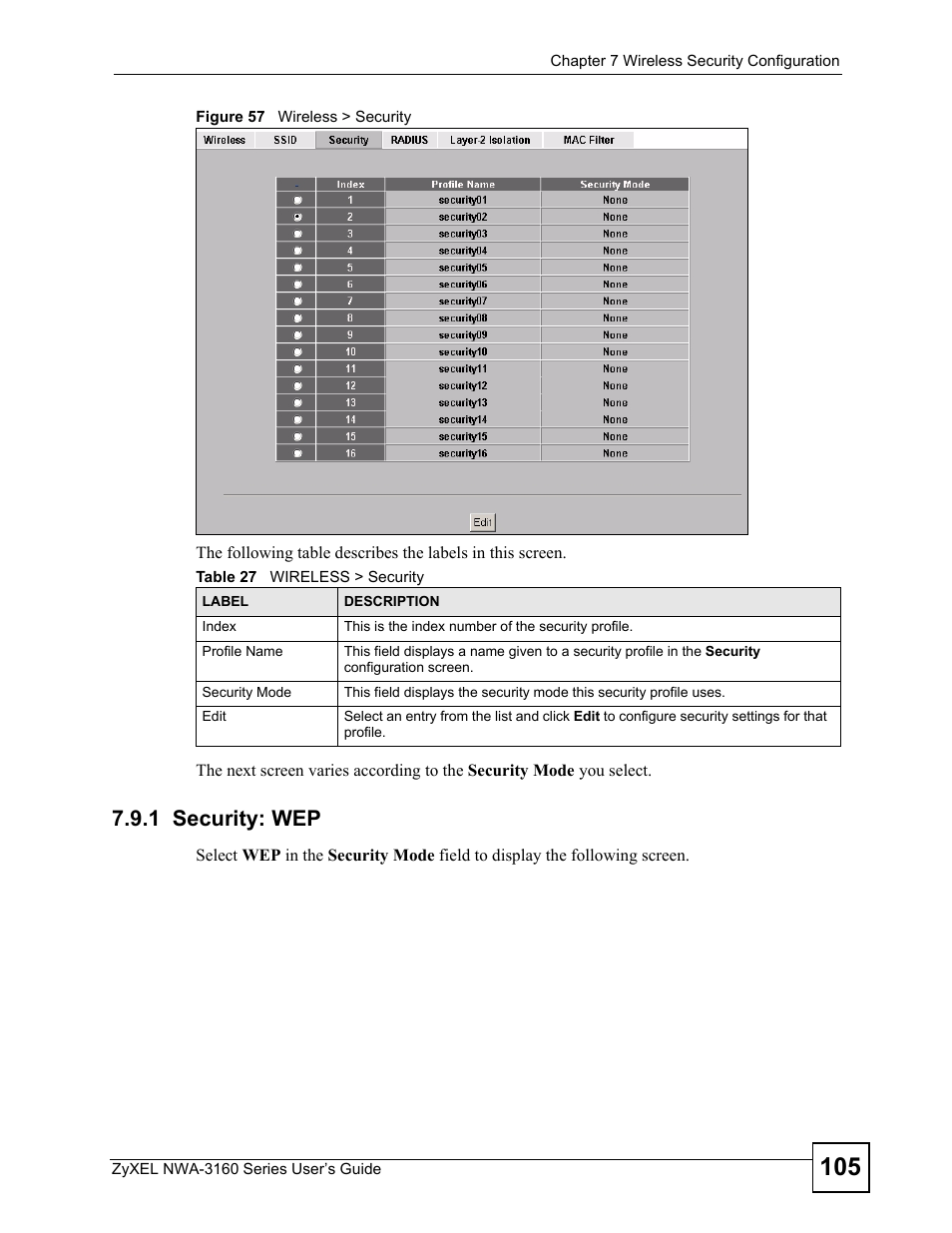 1 security: wep, Figure 57 wireless > security, Table 27 wireless > security | ZyXEL Communications NWA-3160 Series User Manual | Page 105 / 320
