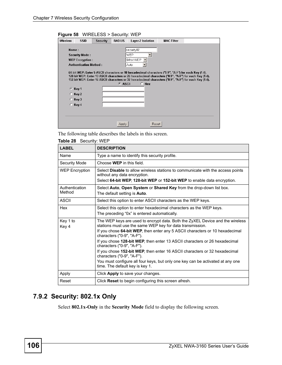 2 security: 802.1x only, Figure 58 wireless > security: wep, Table 28 security: wep | ZyXEL Communications NWA-3160 Series User Manual | Page 106 / 320
