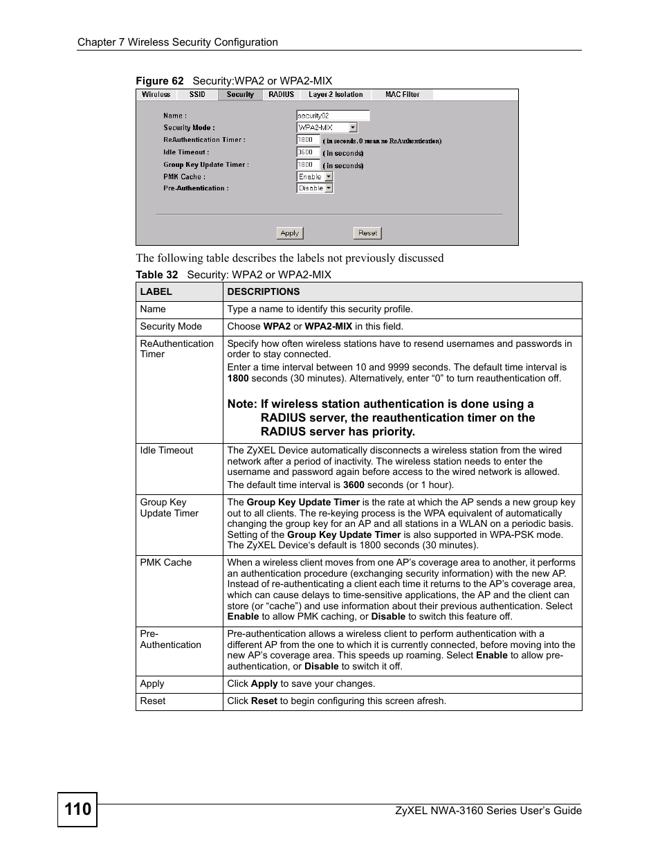 Figure 62 security:wpa2 or wpa2-mix, Table 32 security: wpa2 or wpa2-mix | ZyXEL Communications NWA-3160 Series User Manual | Page 110 / 320