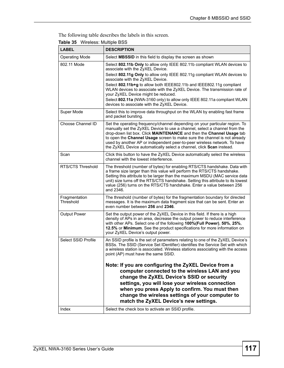 Table 35 wireless: multiple bss | ZyXEL Communications NWA-3160 Series User Manual | Page 117 / 320