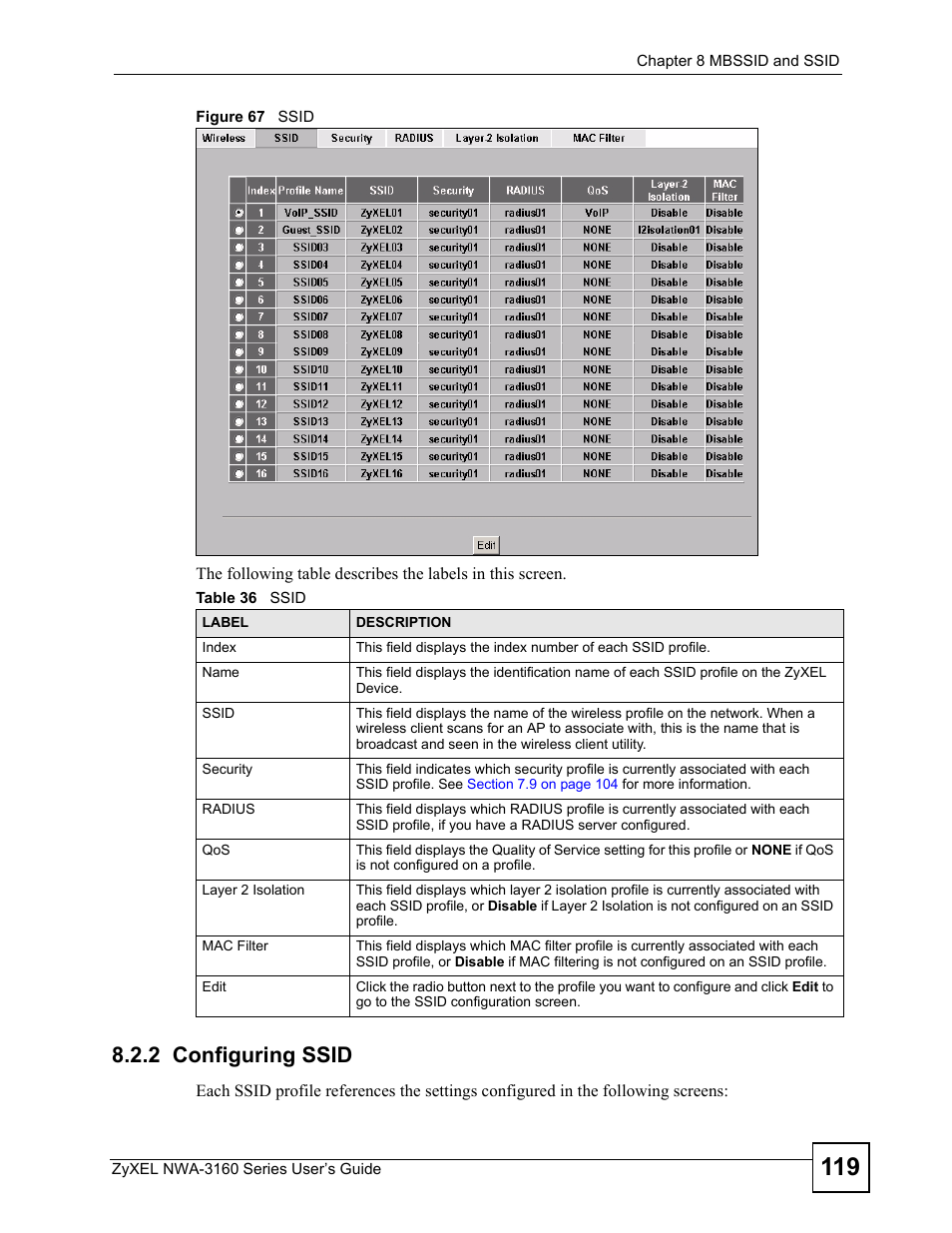 2 configuring ssid, Figure 67 ssid, Table 36 ssid | ZyXEL Communications NWA-3160 Series User Manual | Page 119 / 320