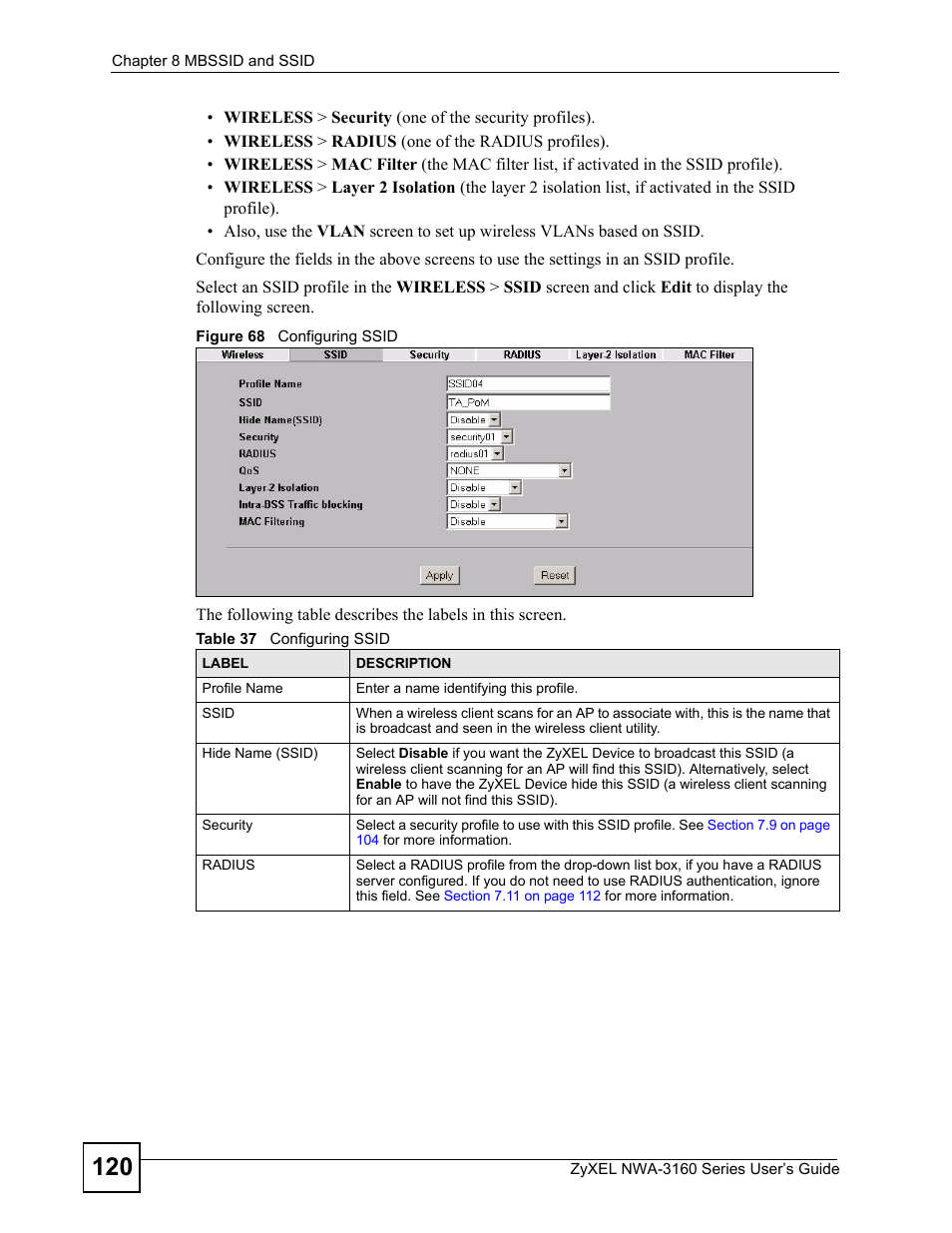 Figure 68 configuring ssid, Table 37 configuring ssid | ZyXEL Communications NWA-3160 Series User Manual | Page 120 / 320